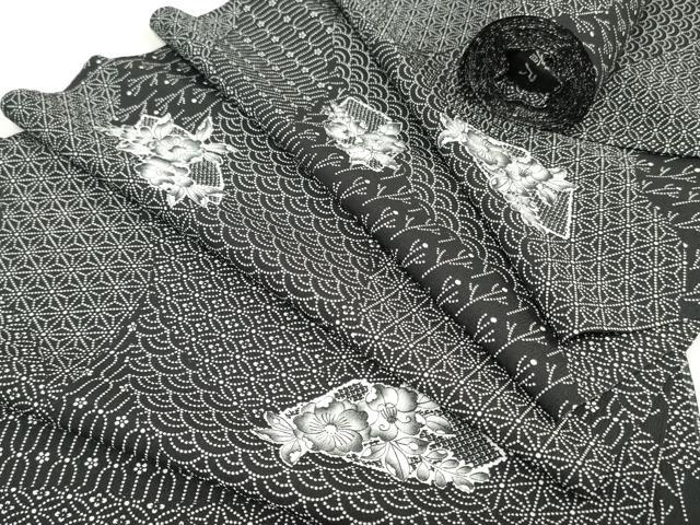 平和屋着物▼小紋 反物 着尺 辻が花文 黒地 洗える着物 未使用 DABK3611zy