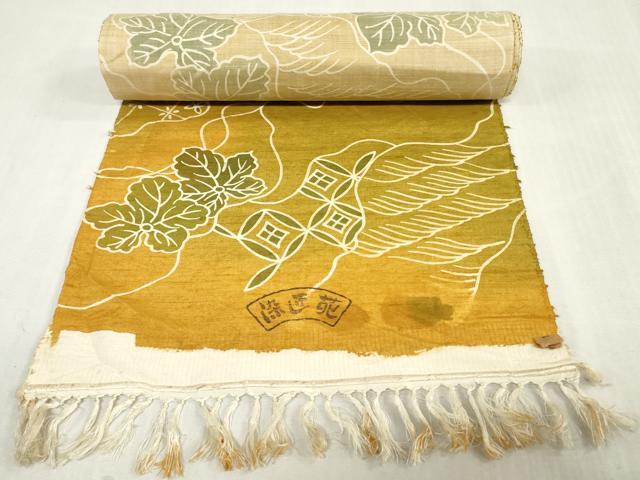 平和屋着物▼小紋 反物 着尺 紬地 ろうけつ染め 舞葉文 逸品 未使用 DABK3612zy