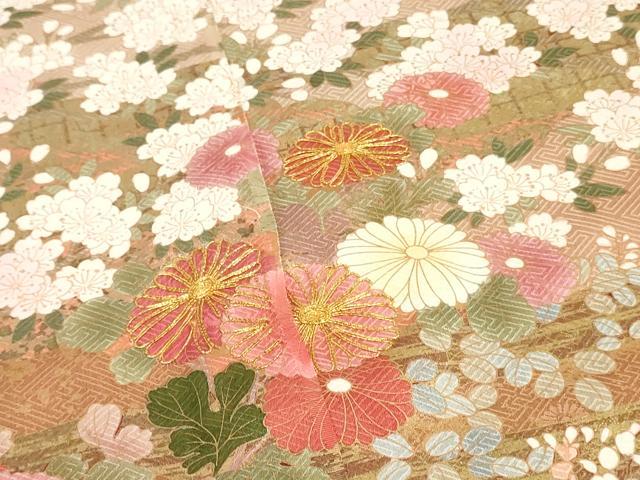 平和屋着物▼付下げ 解き反物 着尺 駒刺繍 草花文 金彩 逸品 DABK3836zy