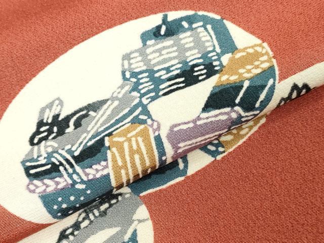 平和屋着物▼小紋 解き反物 着尺 型染め 風景文 裁断済み 逸品 DABK3951zy