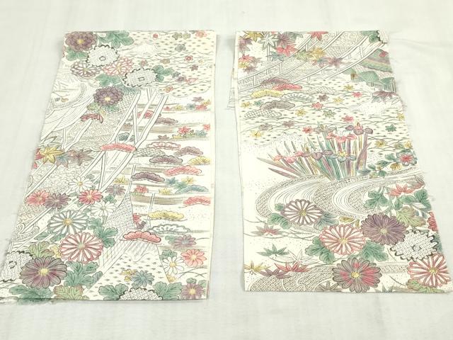 平和屋着物▼小紋 解き反物 着尺 風景草花文 裁断済み 逸品 DABK3952zy