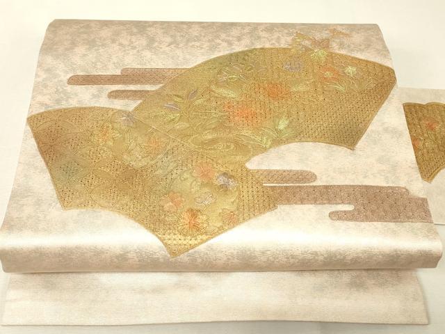 平和屋着物▼中国三大刺繍 スワトウ刺繍 汕頭刺繍 九寸名古屋帯 地紙花文 金彩 引箔 正絹 逸品 未使用 DABK4009az