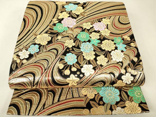 平和屋着物▼六通柄袋帯 流水花文 金糸 正絹 逸品 DABK4083az