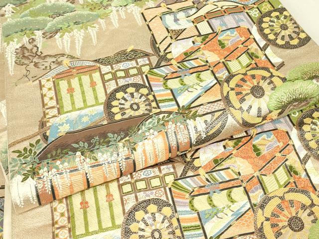 平和屋着物▼六通柄袋帯 桃山御所車 金糸 正絹 逸品 DABK4106az