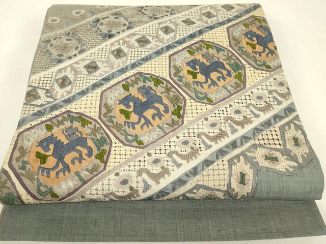 平和屋着物●中国三大刺繍 スワトウ刺繍 汕頭刺繍 相良刺繍 絽刺し 総刺繍 太鼓柄袋帯 紬地 壁画動物文 正絹 逸品 DABK4114az