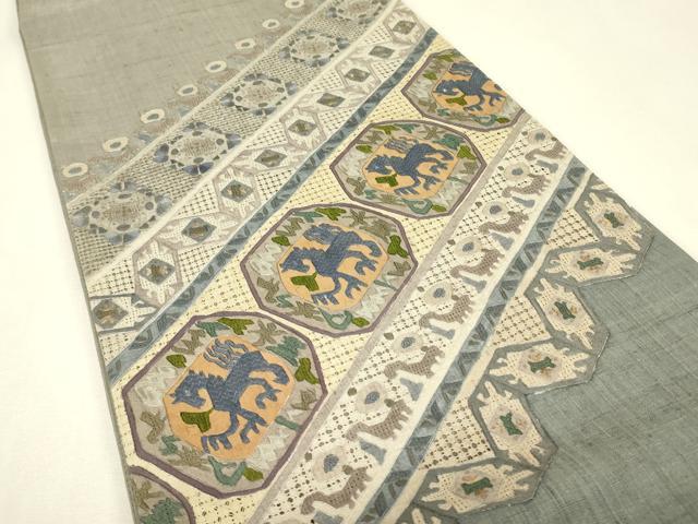 平和屋着物●中国三大刺繍 スワトウ刺繍 汕頭刺繍 相良刺繍 絽刺し 総刺繍 太鼓柄袋帯 紬地 壁画動物文 正絹 逸品 DABK4114az