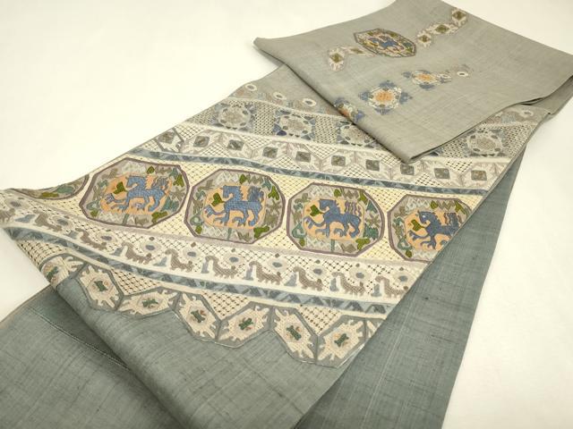 平和屋着物●中国三大刺繍 スワトウ刺繍 汕頭刺繍 相良刺繍 絽刺し 総刺繍 太鼓柄袋帯 紬地 壁画動物文 正絹 逸品 DABK4114az