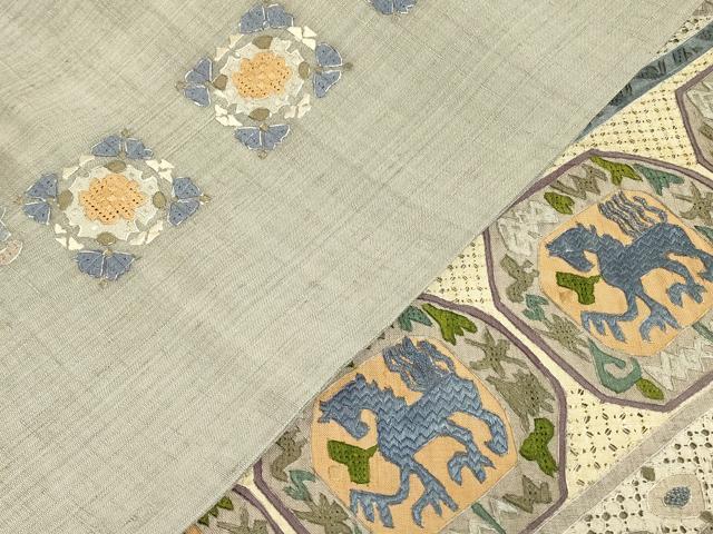 平和屋着物●中国三大刺繍 スワトウ刺繍 汕頭刺繍 相良刺繍 絽刺し 総刺繍 太鼓柄袋帯 紬地 壁画動物文 正絹 逸品 DABK4114az