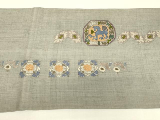 平和屋着物●中国三大刺繍 スワトウ刺繍 汕頭刺繍 相良刺繍 絽刺し 総刺繍 太鼓柄袋帯 紬地 壁画動物文 正絹 逸品 DABK4114az