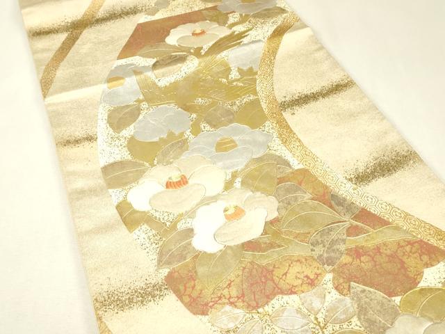 平和屋着物▼太鼓柄袋帯 駒刺繍 枝椿 金銀彩 引箔 正絹 逸品 DABK4144az
