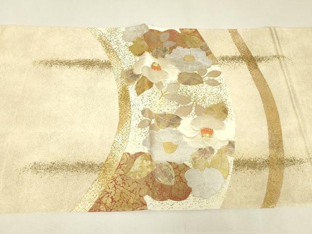 平和屋着物▼太鼓柄袋帯 駒刺繍 枝椿 金銀彩 引箔 正絹 逸品 DABK4144az
