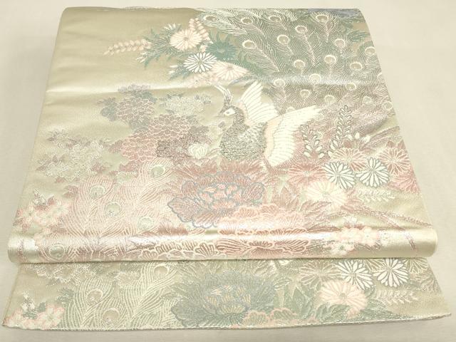 平和屋着物▼六通柄袋帯 九百プラチナ 牡丹孔雀文 正絹 逸品 DABK4272az