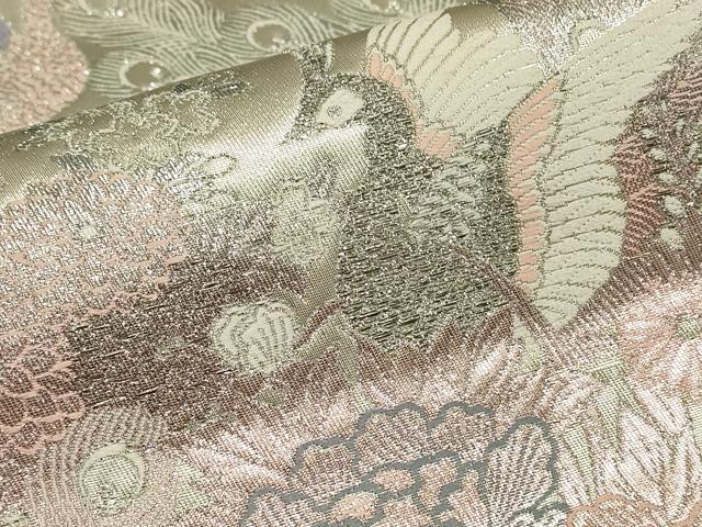 平和屋着物▼六通柄袋帯 九百プラチナ 牡丹孔雀文 正絹 逸品 DABK4272az