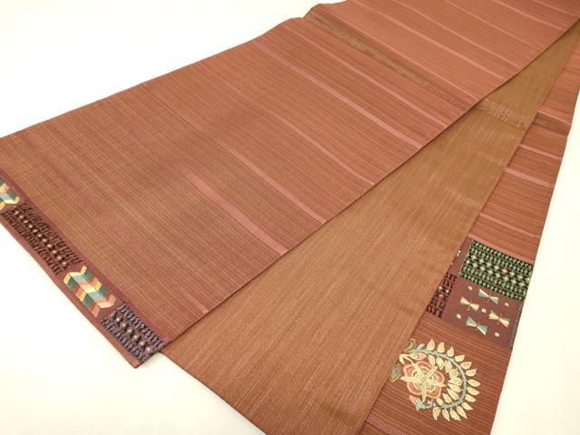 平和屋着物▼太鼓柄袋帯 刺繍 更紗花文 金糸 正絹 逸品 DABK4293az