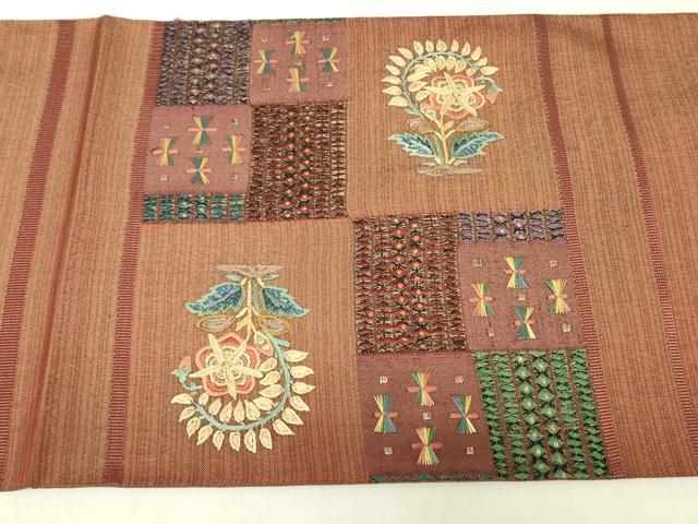 平和屋着物▼太鼓柄袋帯 刺繍 更紗花文 金糸 正絹 逸品 DABK4293az