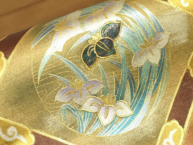 平和屋着物▼太鼓柄袋帯 螺鈿 天井花文 金彩 正絹 逸品 DABK4345az