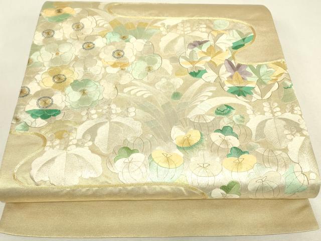 平和屋着物▼総刺繍 太鼓柄袋帯 駒刺繍 吉祥花尽くし 金糸 正絹 逸品 DABK4356az