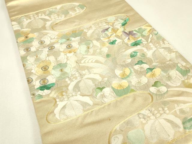平和屋着物▼総刺繍 太鼓柄袋帯 駒刺繍 吉祥花尽くし 金糸 正絹 逸品 DABK4356az