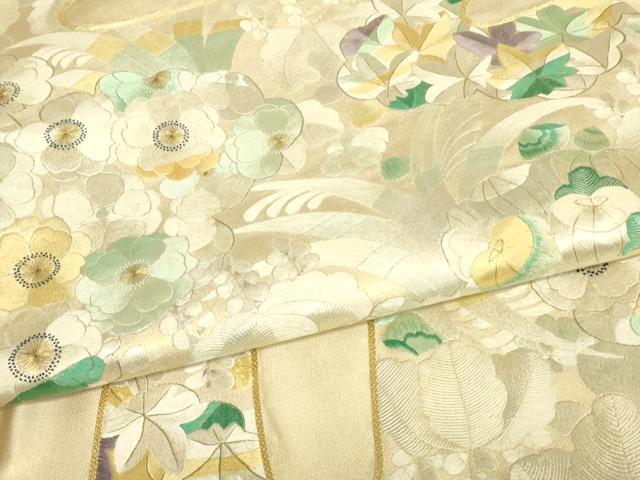 平和屋着物▼総刺繍 太鼓柄袋帯 駒刺繍 吉祥花尽くし 金糸 正絹 逸品 DABK4356az