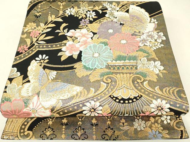 平和屋着物▼六通柄袋帯 陶器花蝶文 黒地 金糸 正絹 逸品 DABK4372az