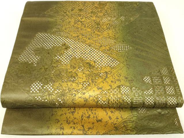 平和屋着物▼中国三大刺繍 スワトウ刺繍 汕頭刺繍 太鼓柄袋帯 引箔九百錦 本塗箔 鴛鴦扇面花文 正絹 逸品 DABK4373az