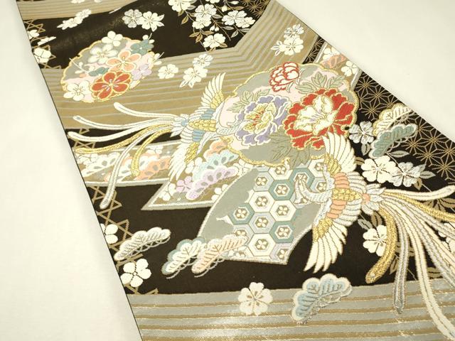 平和屋着物▼六通柄袋帯 鳳凰吉祥花文 黒地 金銀糸 正絹 逸品 DABK4382az