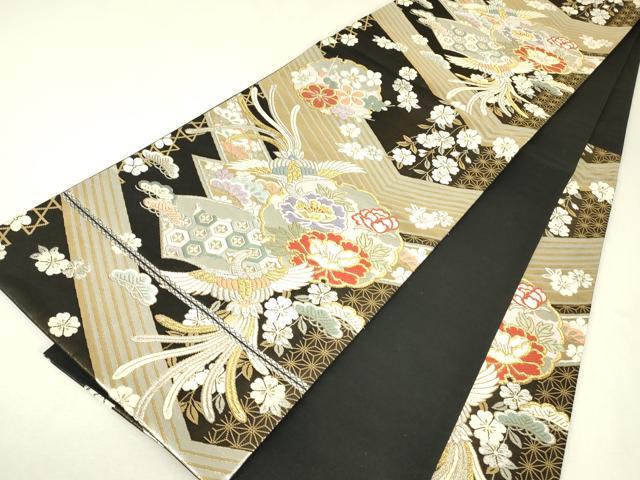 平和屋着物▼六通柄袋帯 鳳凰吉祥花文 黒地 金銀糸 正絹 逸品 DABK4382az
