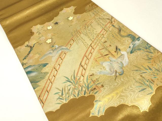 平和屋着物▼太鼓柄袋帯 螺鈿 渡り橋花鳥文 金彩 正絹 逸品 DABK4395az