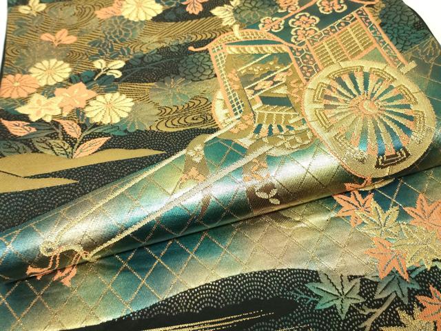 平和屋着物▼六通柄袋帯 御所車花文 黒地 金糸 正絹 逸品 DABK4442az