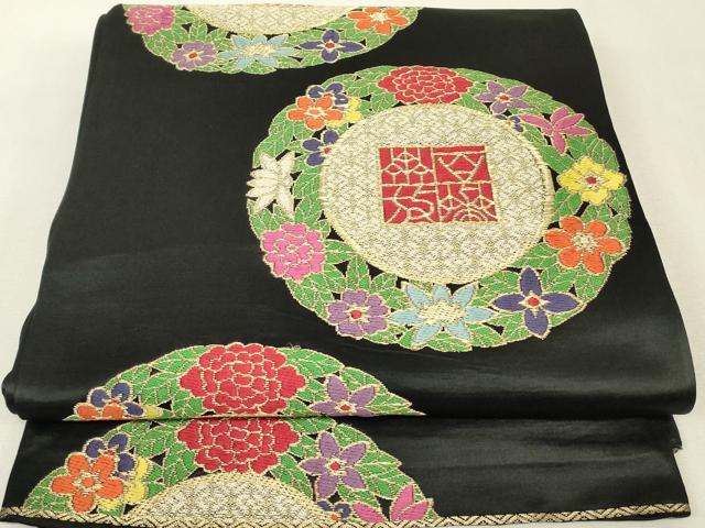 平和屋着物▼六通柄袋帯 花絵皿文 黒地 金糸 正絹 逸品 DABK4451az