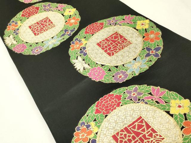平和屋着物▼六通柄袋帯 花絵皿文 黒地 金糸 正絹 逸品 DABK4451az