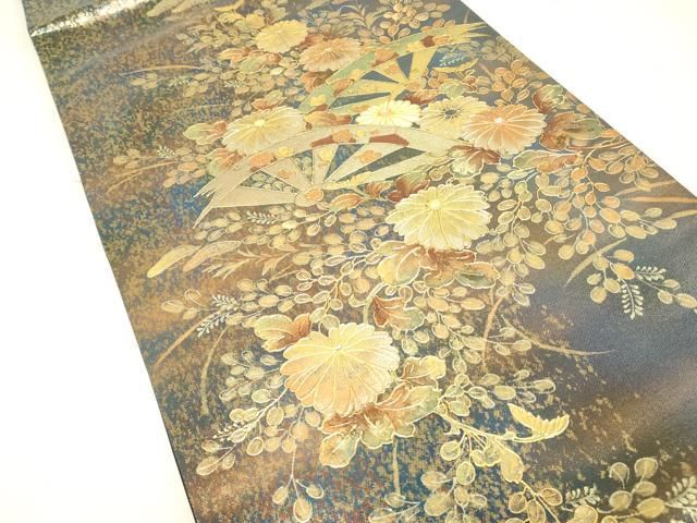 平和屋着物▼太鼓柄袋帯 作家物 螺鈿 片輪車花文 金彩 正絹 逸品 DABK4474az