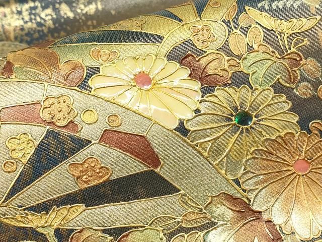 平和屋着物▼太鼓柄袋帯 作家物 螺鈿 片輪車花文 金彩 正絹 逸品 DABK4474az