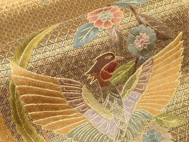 平和屋着物▼ひなや工房 くむ・あむ・おる 伊豆蔵明彦 組織 両面 太鼓柄袋帯 総刺繍 花鳥文 金糸 正絹 逸品 DABK4475az