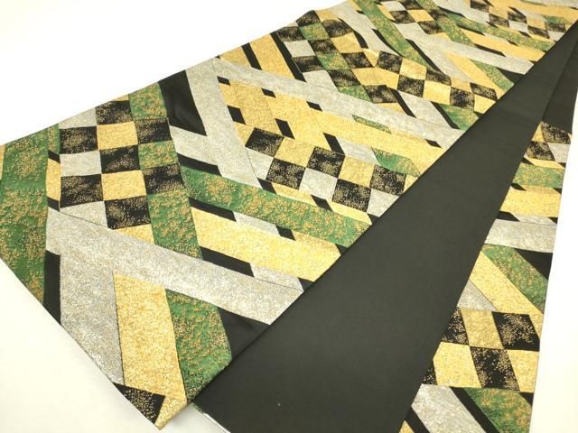 平和屋着物▼六通柄袋帯 変わり市松 黒地 金糸 正絹 逸品 DABK4506az