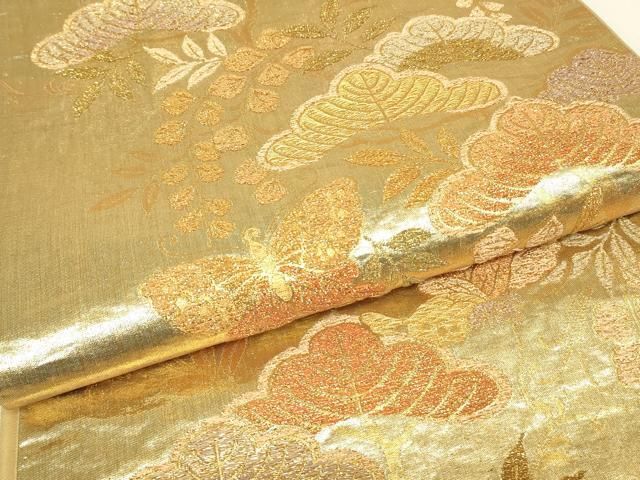 平和屋着物▼六通柄袋帯 舞蝶花松文 金糸 正絹 逸品 DABK4509az