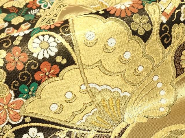 平和屋着物▼六通柄袋帯 舞蝶宝尽くし花文 金糸 正絹 逸品 DABK4511az