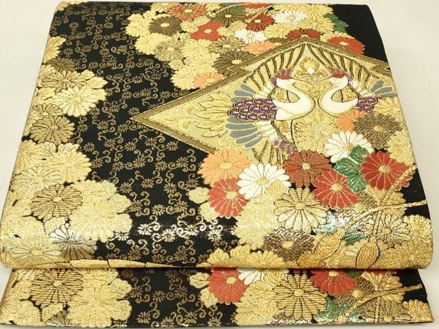 平和屋着物▼六通柄袋帯 正倉院向かい鳥花文 黒地 金糸 正絹 逸品 DABK4559az