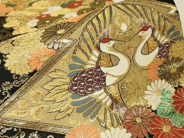平和屋着物▼六通柄袋帯 正倉院向かい鳥花文 黒地 金糸 正絹 逸品 DABK4559az