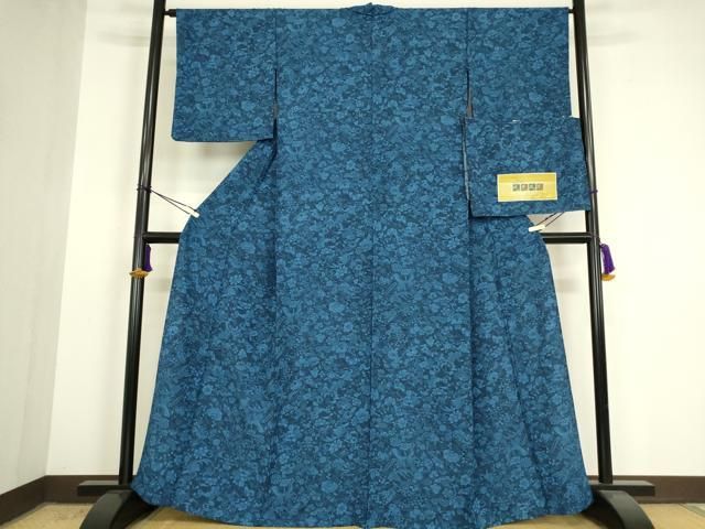 平和屋着物▽小紋 単衣 更紗花蝶文 四季遊美 反端付き 洗える着物 DABK4659az