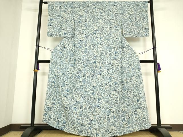 平和屋着物▽藍染師 大澤澤蔵 小紋 単衣 型染 流水花鳥文 正絹 逸品 DABK4661az