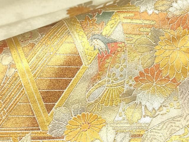 平和屋着物●金彩友禅 卓越技能者・名工・和田光正 六通柄袋帯 地紙重ね人物牡丹文 金銀彩 正絹 逸品 DABK4684az