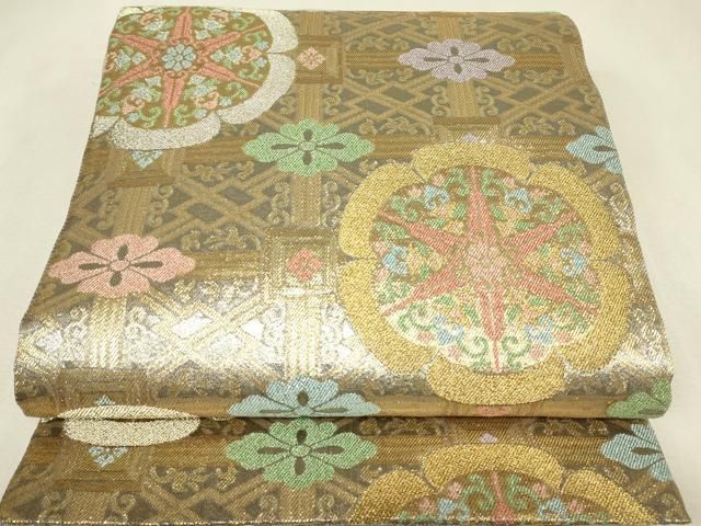 平和屋着物▼六通柄袋帯 正倉院花文 金糸 正絹 逸品 DABK4696az