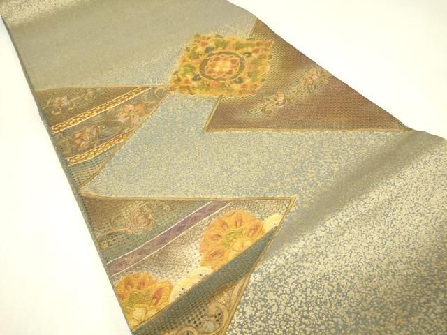 平和屋着物▼中国三大刺繍 スワトウ刺繍 汕頭刺繍 太鼓柄袋帯 正倉院更紗花文 金彩 正絹 逸品 DABK4697az
