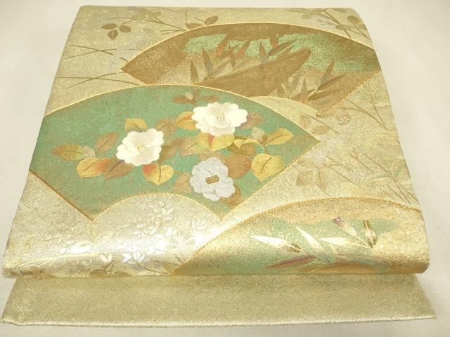平和屋着物▼太鼓柄袋帯 駒刺繍 地紙花文 金銀彩 正絹 逸品 DABK4706az