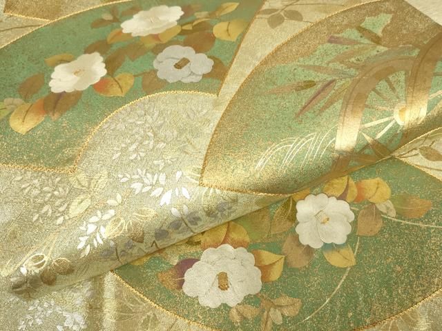 平和屋着物▼太鼓柄袋帯 駒刺繍 地紙花文 金銀彩 正絹 逸品 DABK4706az