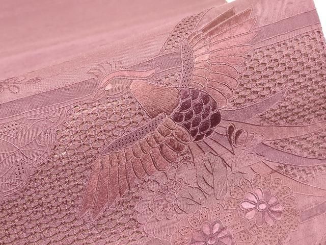 平和屋着物●中国三大刺繍 スワトウ刺繍 汕頭刺繍 総刺繍 太鼓柄袋帯 紬地 鳳凰花文 暗紅色 正絹 逸品 DABK4835az