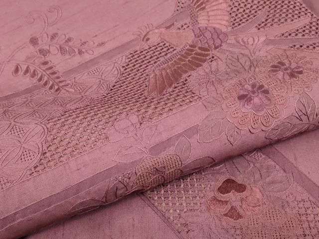 平和屋着物●中国三大刺繍 スワトウ刺繍 汕頭刺繍 総刺繍 太鼓柄袋帯 紬地 鳳凰花文 暗紅色 正絹 逸品 DABK4835az