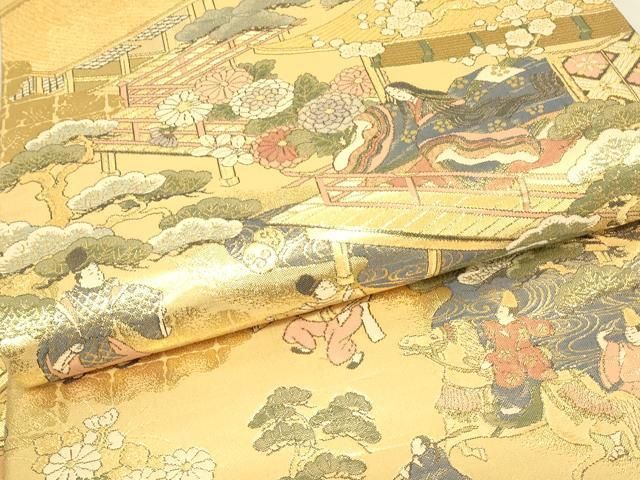 平和屋本店▼西陣 岡文織物謹製 本金箔 全通丸帯 平安絵巻集成 証紙付き 正絹 逸品 DABK4839az