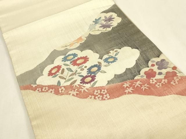 平和屋着物▼太鼓柄袋帯 雲取り花文 すくい織 金糸 正絹 逸品 DABK4871az